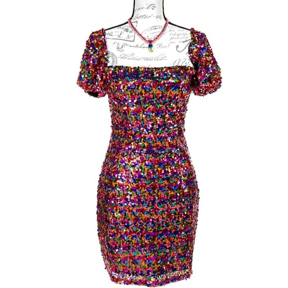 1721-Fate Multi-Pink Sequined Short Dress - Picture 1 of 4
